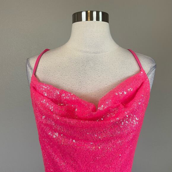 Pink Sequined Backless Evening Gown Size 14 Sleeveless Thigh Slit Formal by AQUA - Picture 6 of 11
